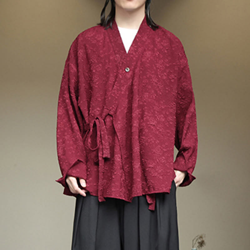 Breathable V-Neck Lace-Up Long Sleeve Meditation Shirt