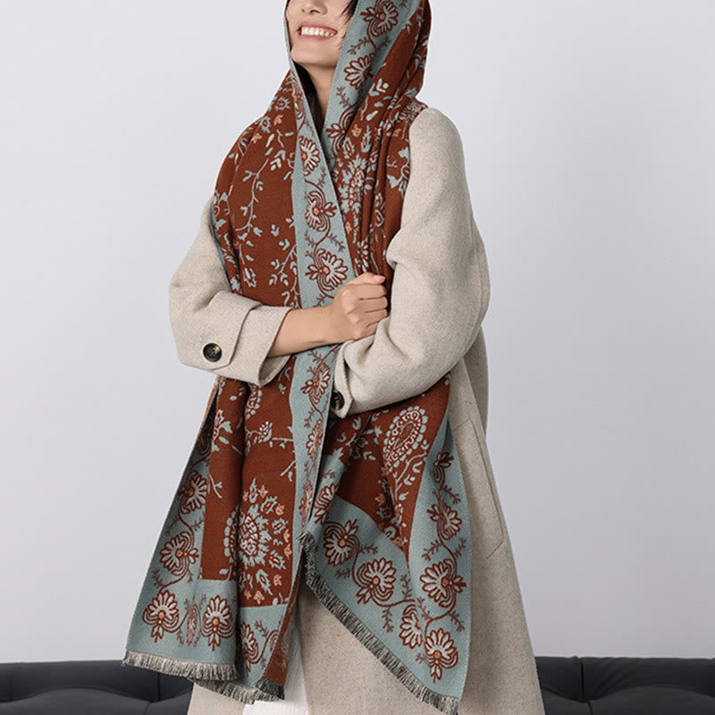 Tactile Heavy-Knit Paisley Botanical Meditation Tibetan Shawl