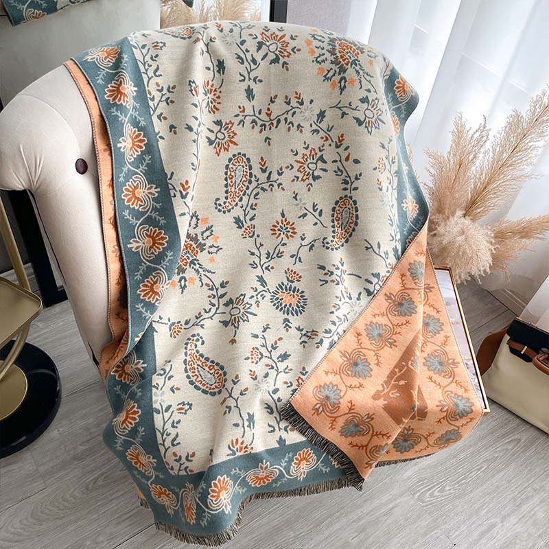Tactile Heavy-Knit Paisley Botanical Meditation Tibetan Shawl