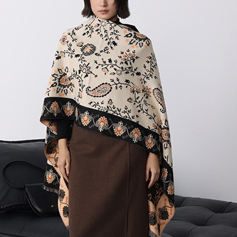 Tactile Heavy-Knit Paisley Botanical Meditation Tibetan Shawl