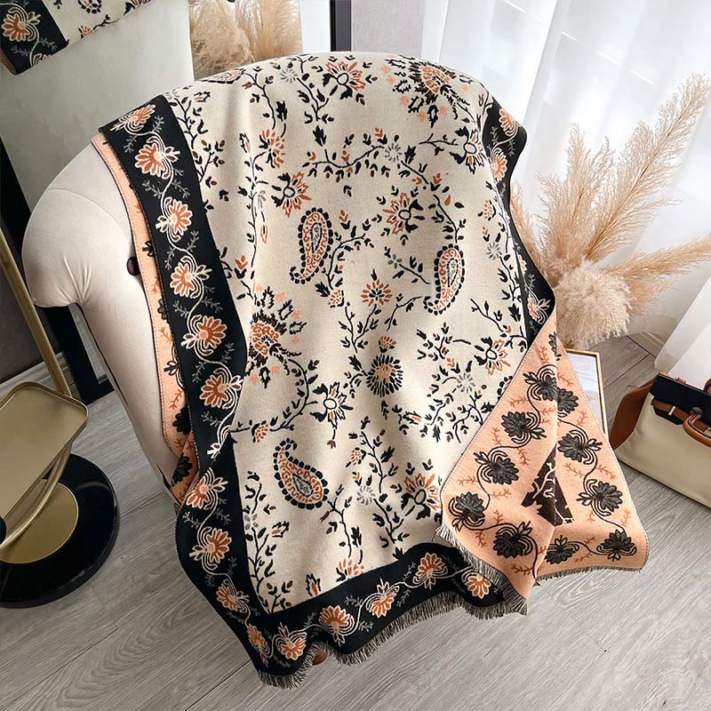 Tactile Heavy-Knit Paisley Botanical Meditation Tibetan Shawl