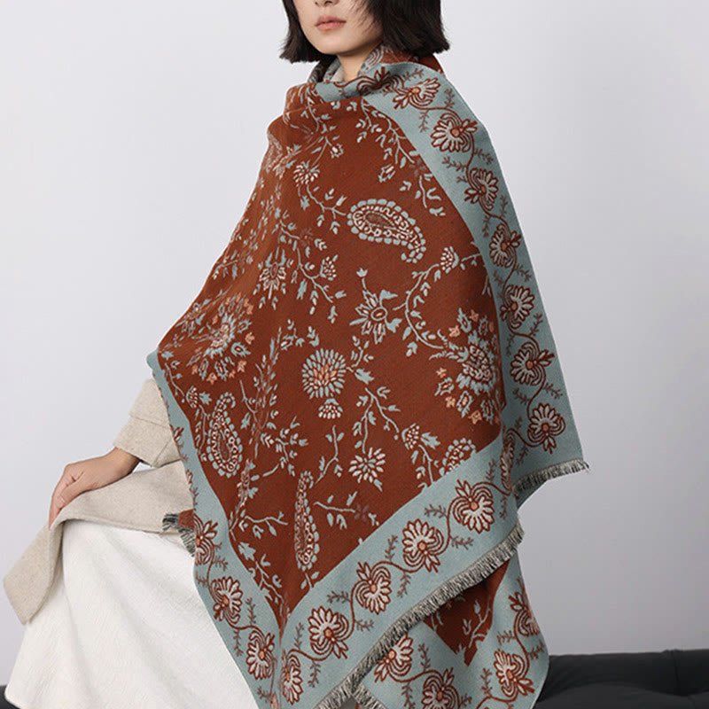 Tactile Heavy-Knit Paisley Botanical Meditation Tibetan Shawl