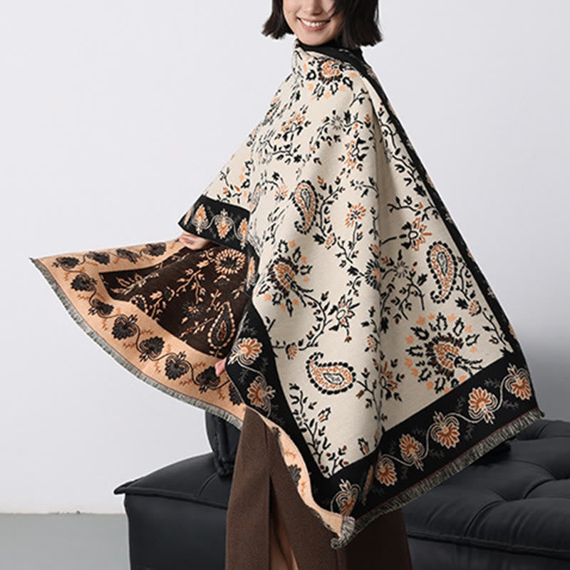Tactile Heavy-Knit Paisley Botanical Meditation Tibetan Shawl