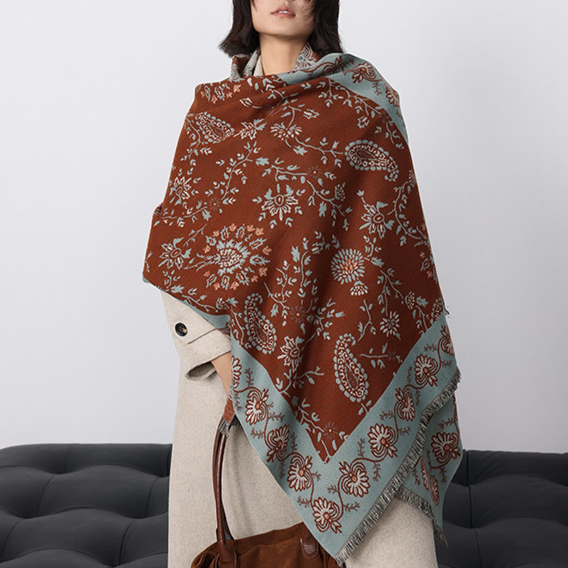 Tactile Heavy-Knit Paisley Botanical Meditation Tibetan Shawl