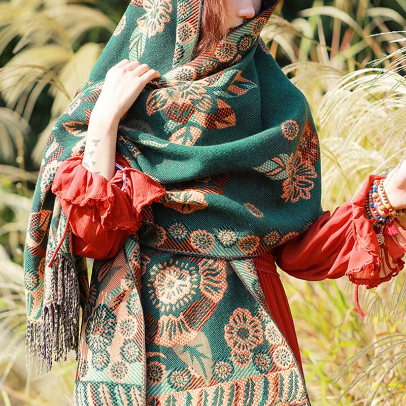 Jacquard Ethnic Paisley Plants Pattern Tassel Soft Thermal Scarf Shawl