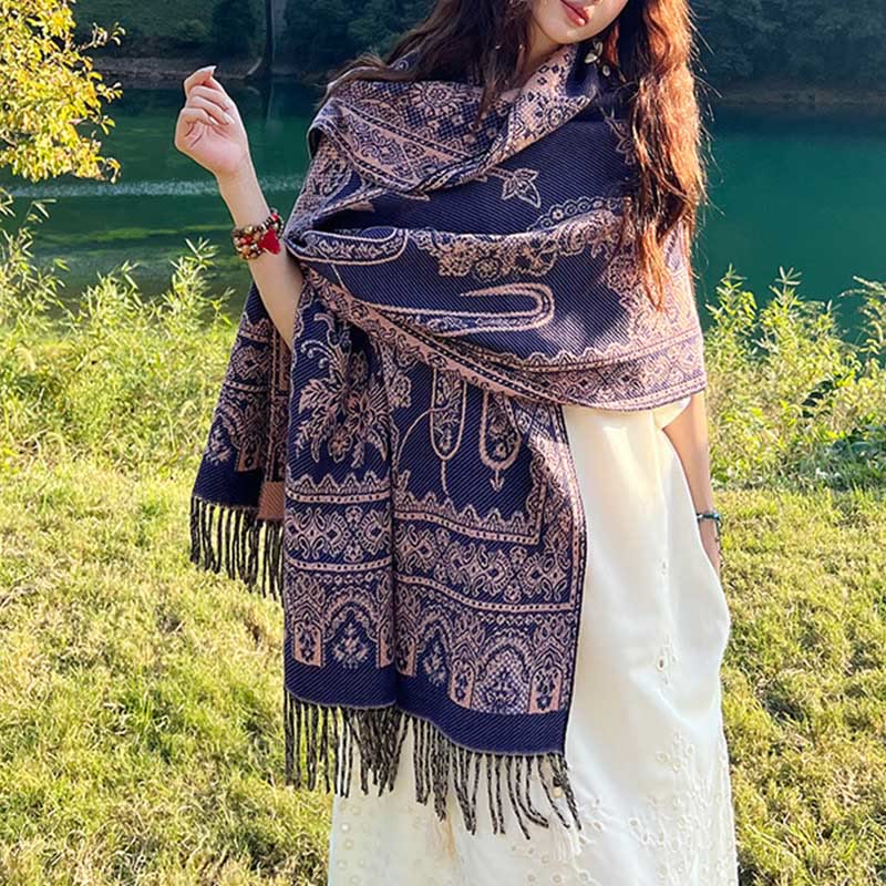 Jacquard Ethnic Paisley Plants Pattern Tassel Soft Thermal Scarf Shawl