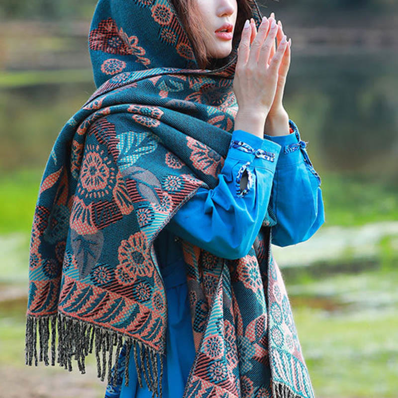 Jacquard Ethnic Paisley Plants Pattern Tassel Soft Thermal Scarf Shawl
