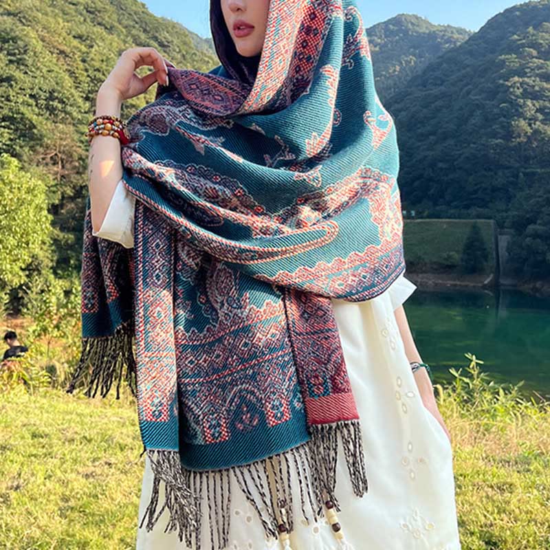 Jacquard Ethnic Paisley Plants Pattern Tassel Soft Thermal Scarf Shawl