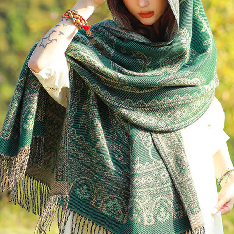 Jacquard Ethnic Paisley Plants Pattern Tassel Soft Thermal Scarf Shawl