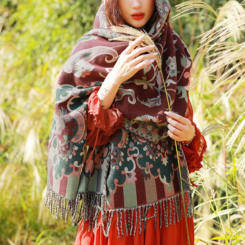 Jacquard Ethnic Paisley Plants Pattern Tassel Soft Thermal Scarf Shawl