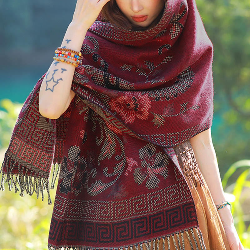Jacquard Ethnic Paisley Plants Pattern Tassel Soft Thermal Scarf Shawl