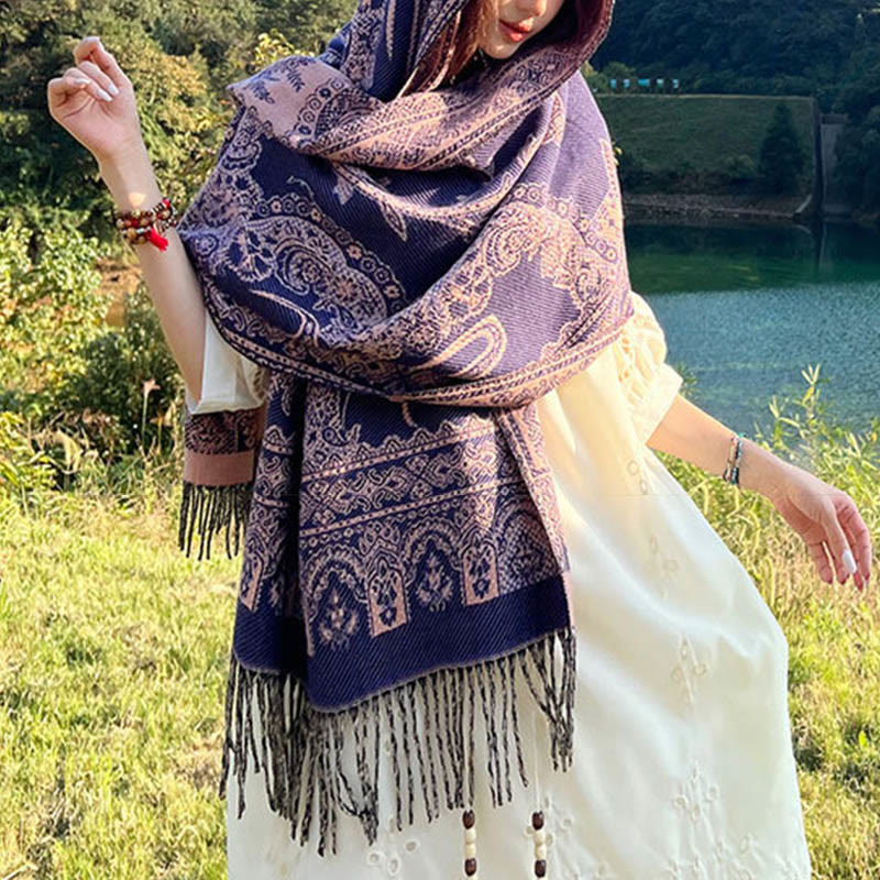 Jacquard Ethnic Paisley Plants Pattern Tassel Soft Thermal Scarf Shawl