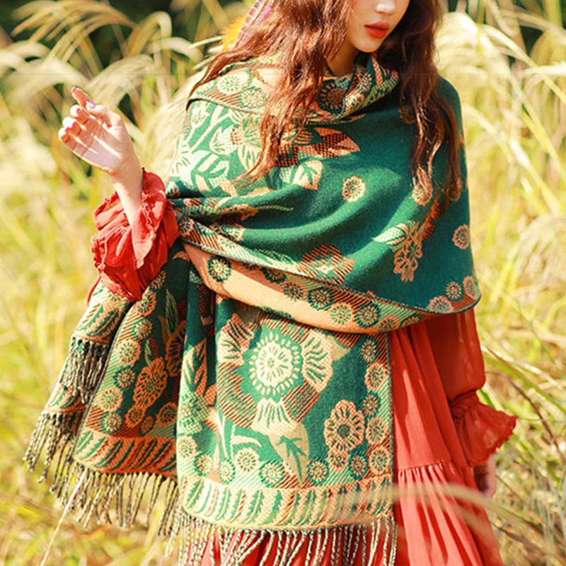 Jacquard Ethnic Paisley Plants Pattern Tassel Soft Thermal Scarf Shawl