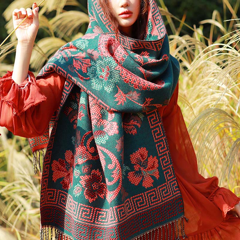 Jacquard Ethnic Paisley Plants Pattern Tassel Soft Thermal Scarf Shawl