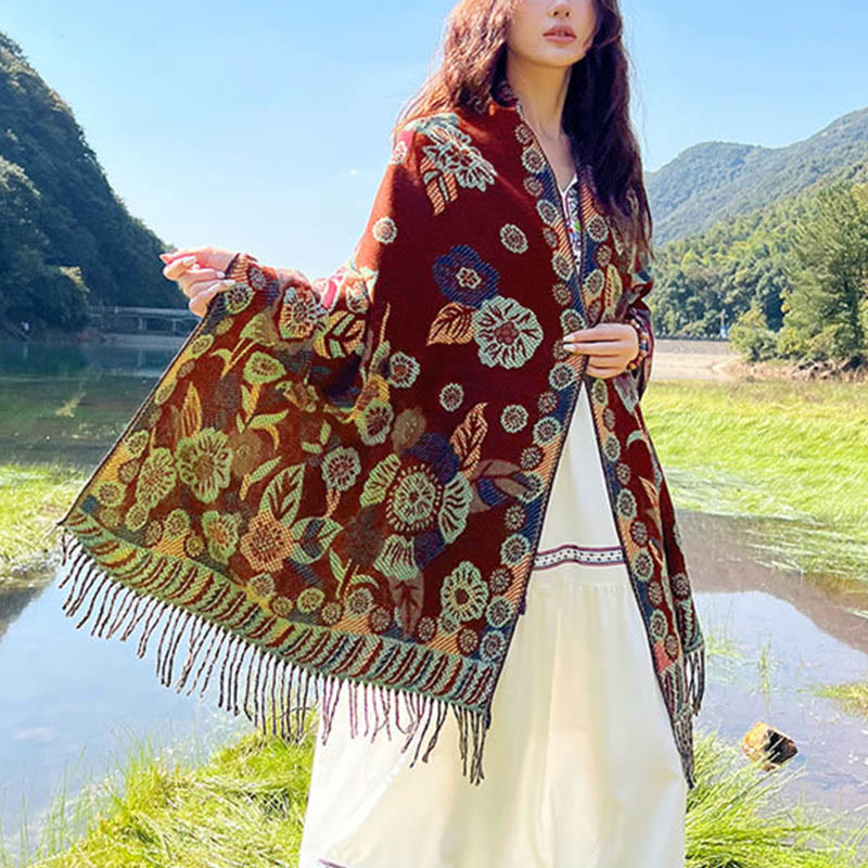 Jacquard Ethnic Paisley Plants Pattern Tassel Soft Thermal Scarf Shawl