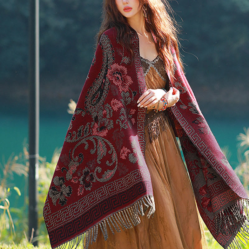 Jacquard Ethnic Paisley Plants Pattern Tassel Soft Thermal Scarf Shawl