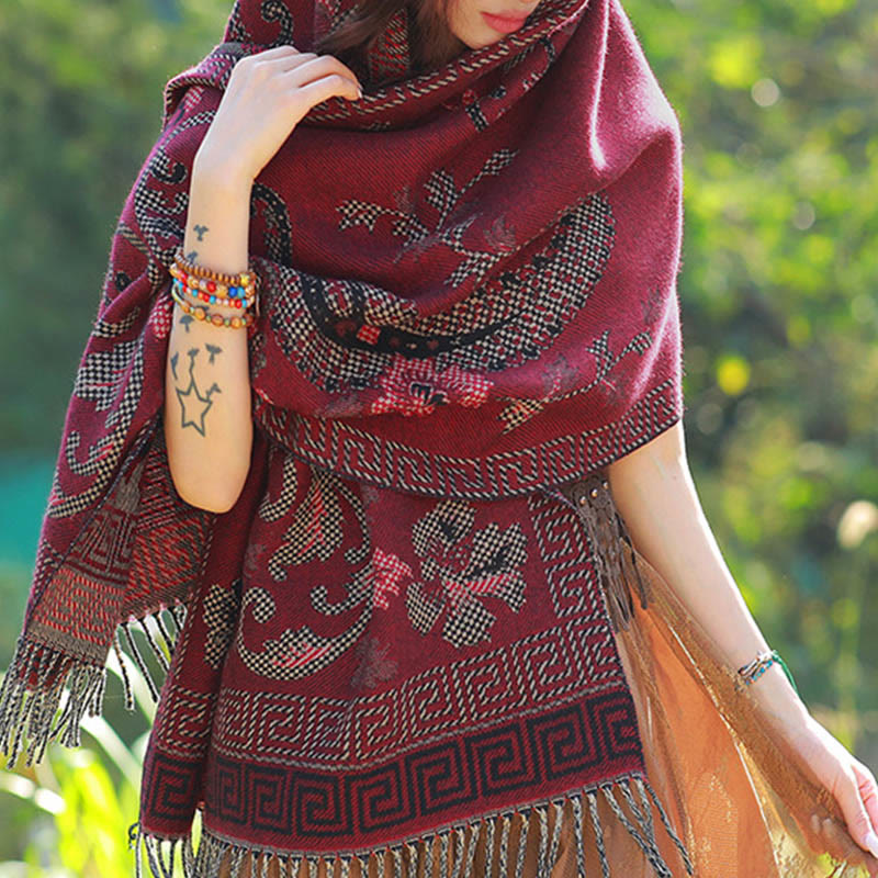 Jacquard Ethnic Paisley Plants Pattern Tassel Soft Thermal Scarf Shawl