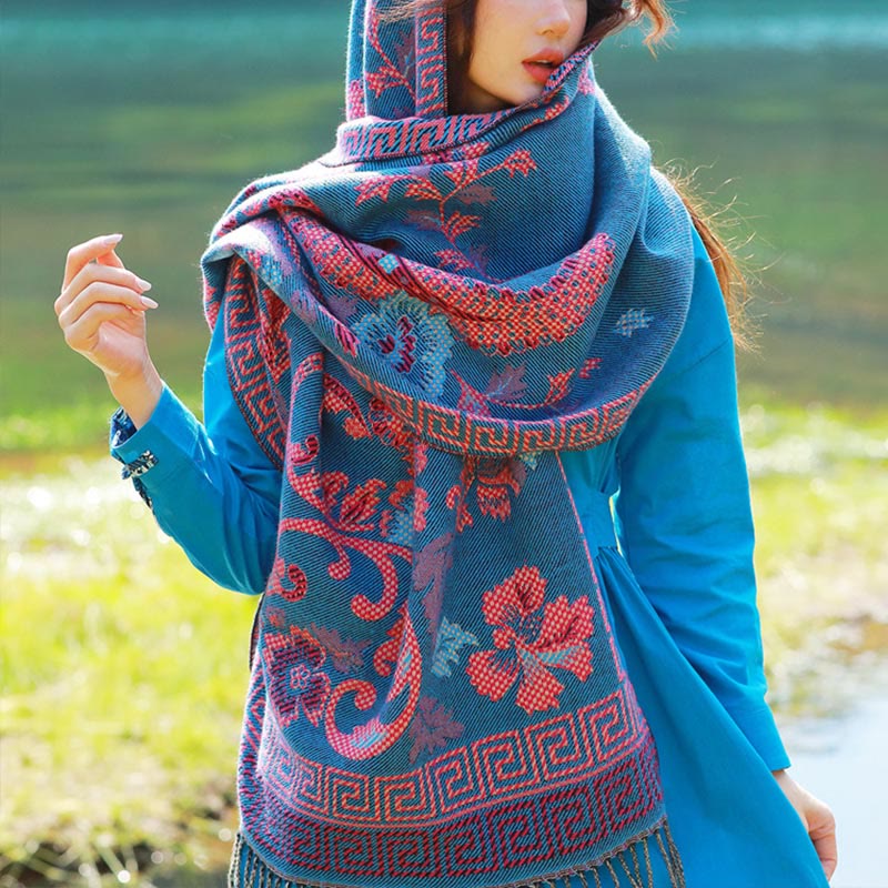 Jacquard Ethnic Paisley Plants Pattern Tassel Soft Thermal Scarf Shawl