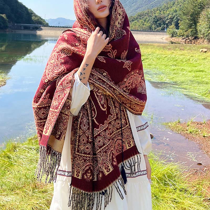 Jacquard Ethnic Paisley Plants Pattern Tassel Soft Thermal Scarf Shawl