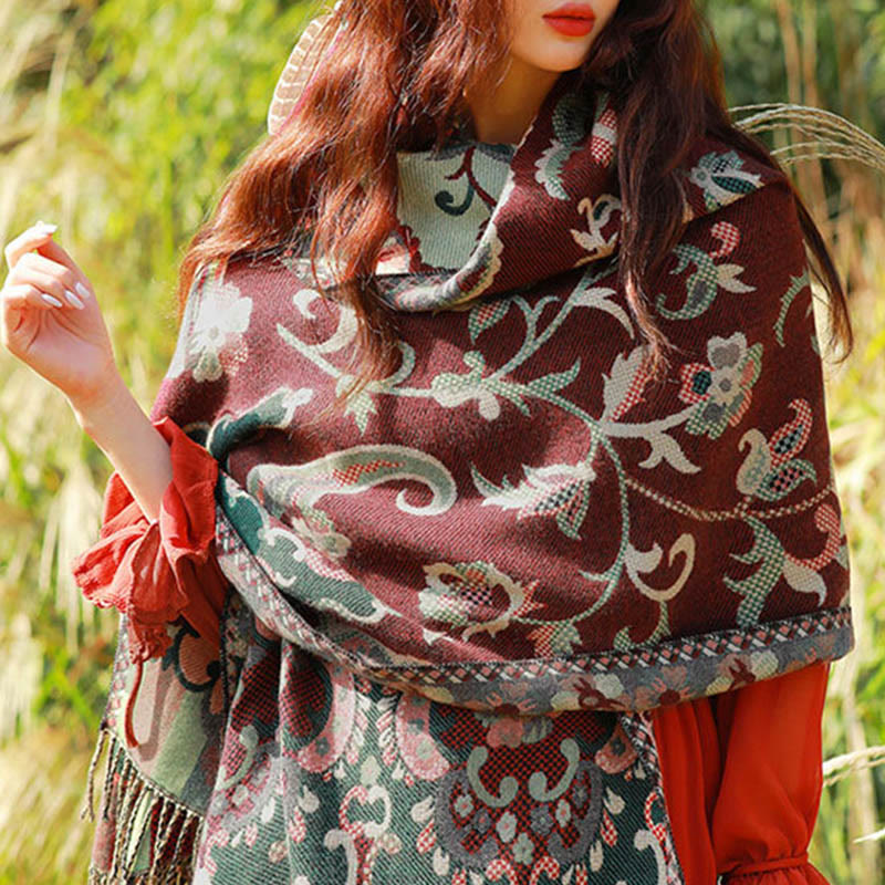 Jacquard Ethnic Paisley Plants Pattern Tassel Soft Thermal Scarf Shawl