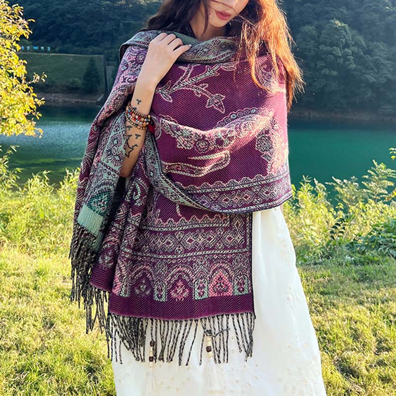 Jacquard Ethnic Paisley Plants Pattern Tassel Soft Thermal Scarf Shawl