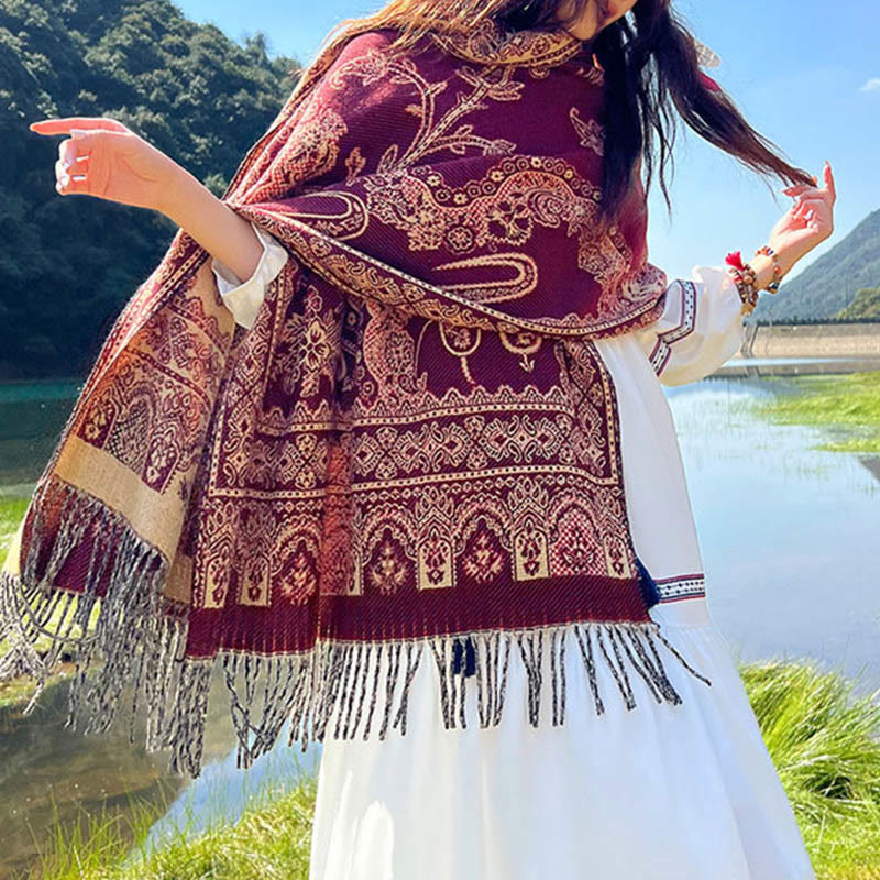 Jacquard Ethnic Paisley Plants Pattern Tassel Soft Thermal Scarf Shawl