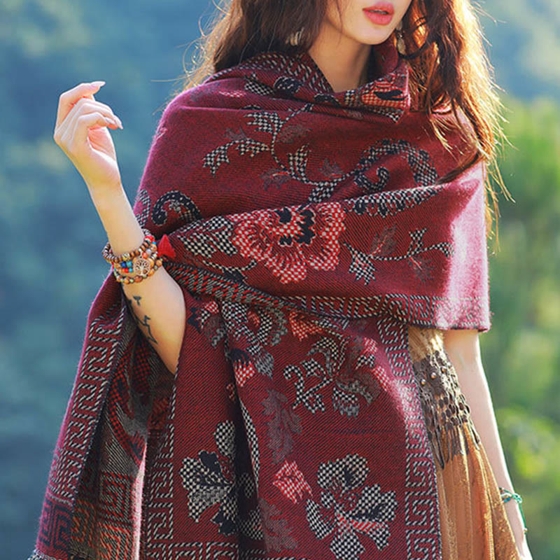 Jacquard Ethnic Paisley Plants Pattern Tassel Soft Thermal Scarf Shawl
