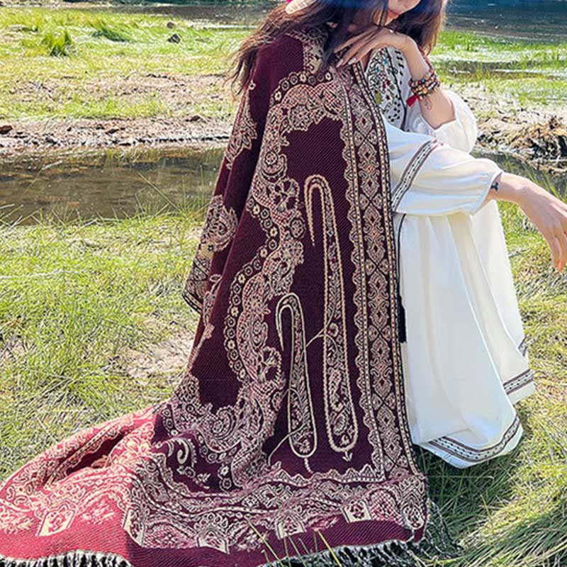 Jacquard Ethnic Paisley Plants Pattern Tassel Soft Thermal Scarf Shawl