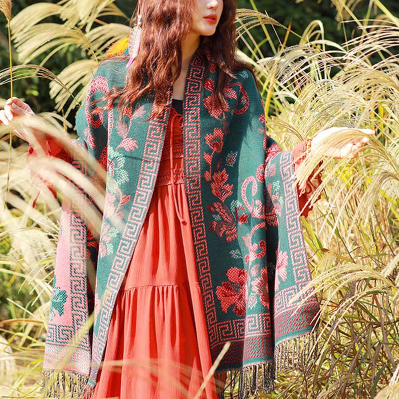 Jacquard Ethnic Paisley Plants Pattern Tassel Soft Thermal Scarf Shawl