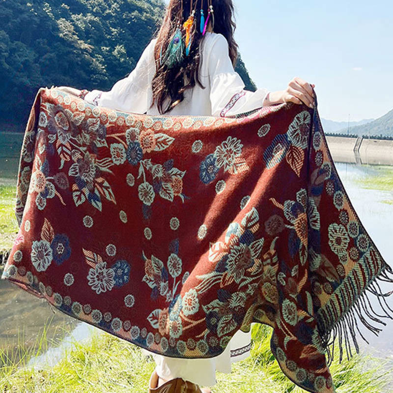 Jacquard Ethnic Paisley Plants Pattern Tassel Soft Thermal Scarf Shawl