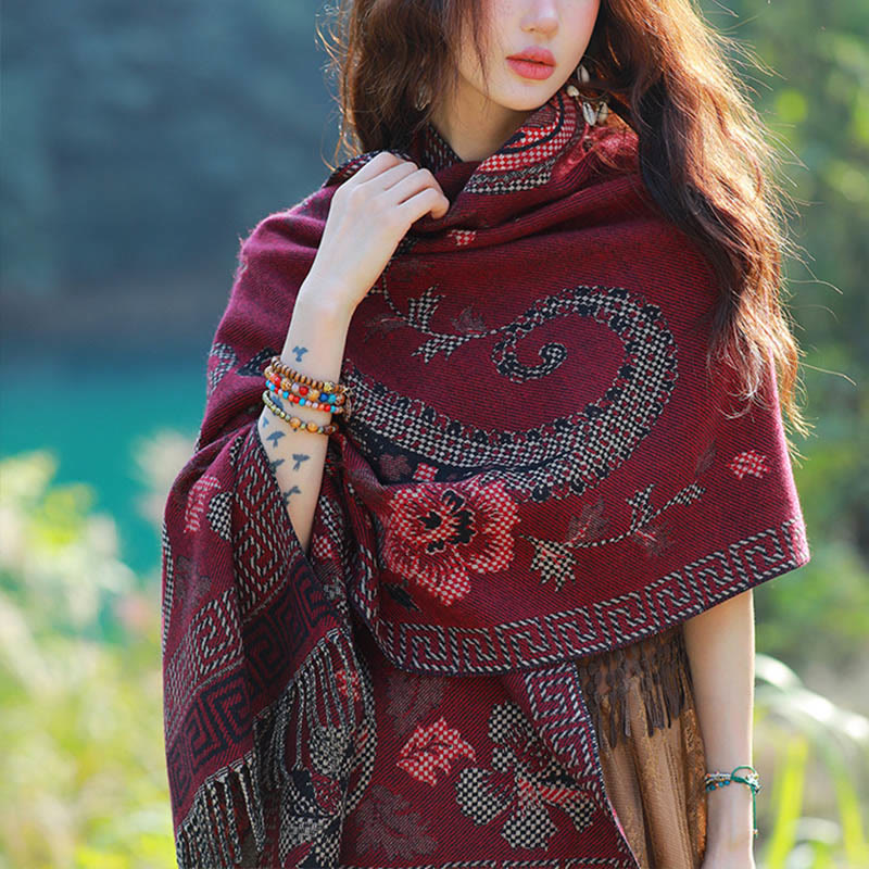 Jacquard Ethnic Paisley Plants Pattern Tassel Soft Thermal Scarf Shawl