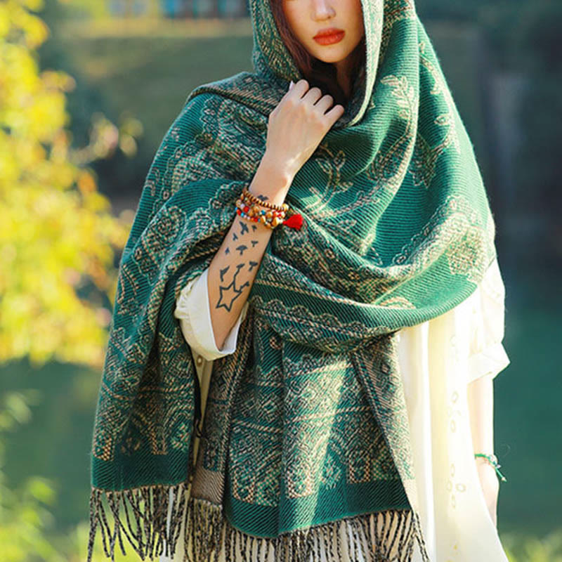 Jacquard Ethnic Paisley Plants Pattern Tassel Soft Thermal Scarf Shawl