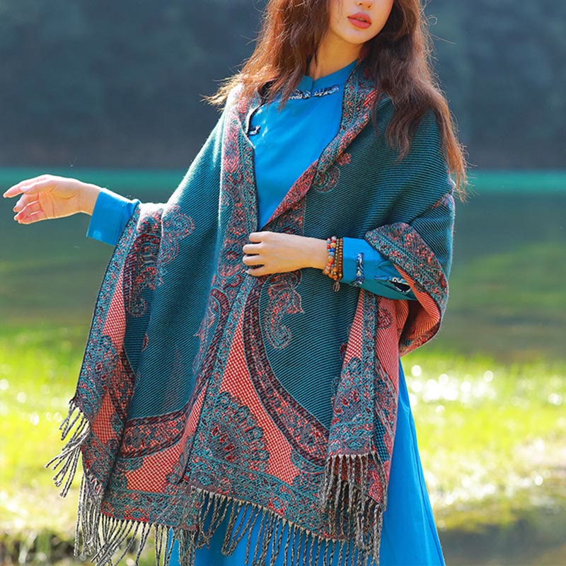 Jacquard Ethnic Paisley Plants Pattern Tassel Soft Thermal Scarf Shawl