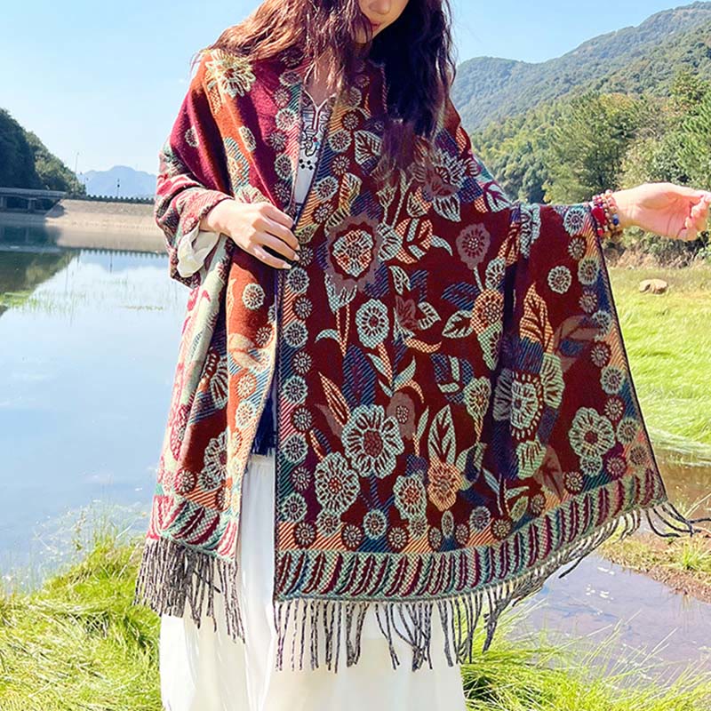 Jacquard Ethnic Paisley Plants Pattern Tassel Soft Thermal Scarf Shawl