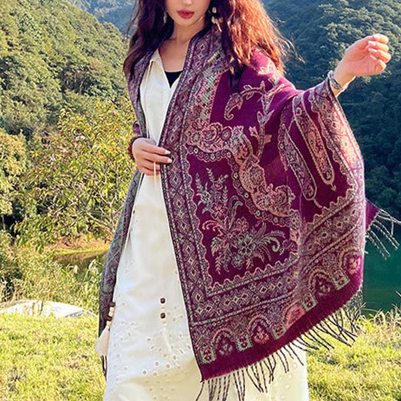 Jacquard Ethnic Paisley Plants Pattern Tassel Soft Thermal Scarf Shawl