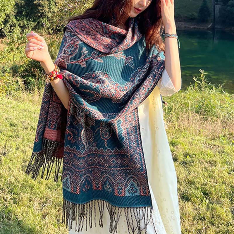 Jacquard Ethnic Paisley Plants Pattern Tassel Soft Thermal Scarf Shawl