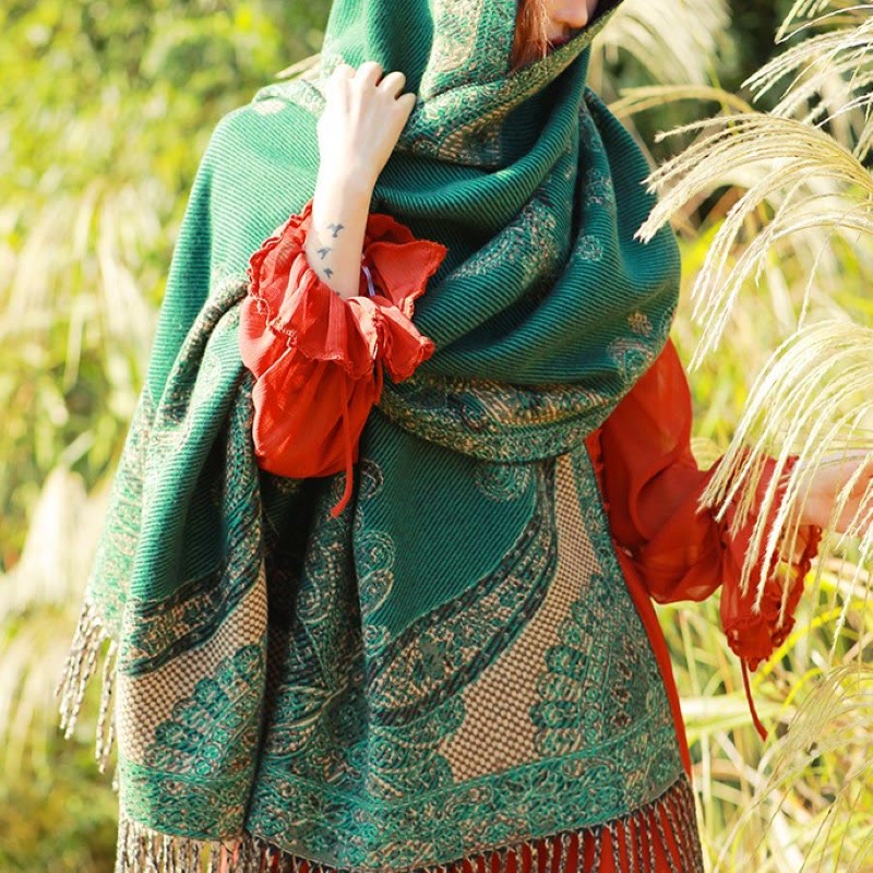 Jacquard Ethnic Paisley Plants Pattern Tassel Soft Thermal Scarf Shawl