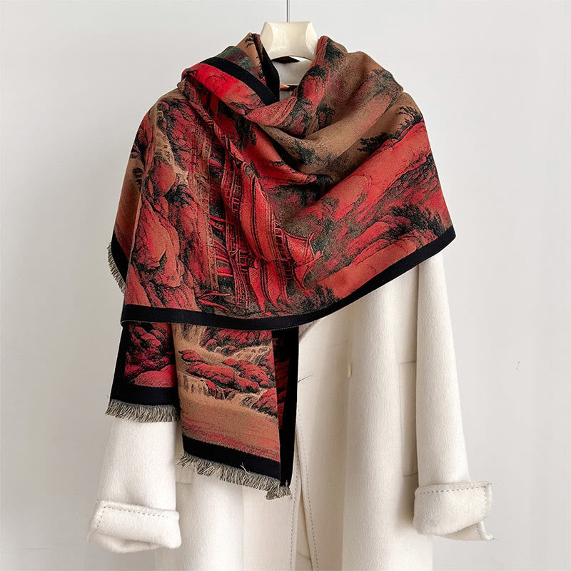 Winter Landscape Painting Pattern Tassels Cozy Thick Scarf Shawl