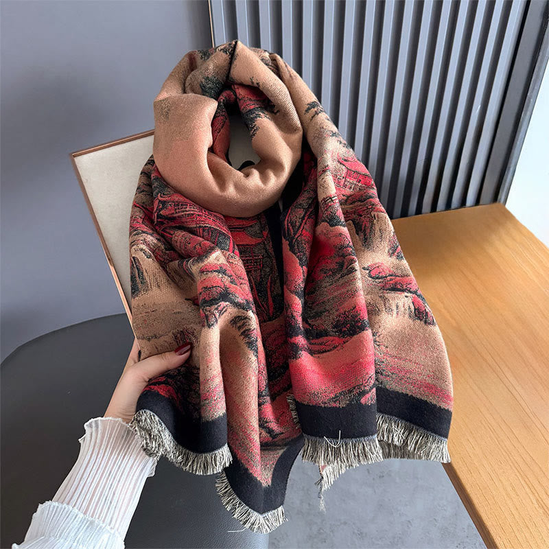 Winter Landscape Painting Pattern Tassels Cozy Thick Scarf Shawl