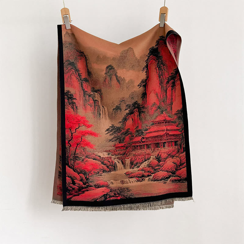 Winter Landscape Painting Pattern Tassels Cozy Thick Scarf Shawl