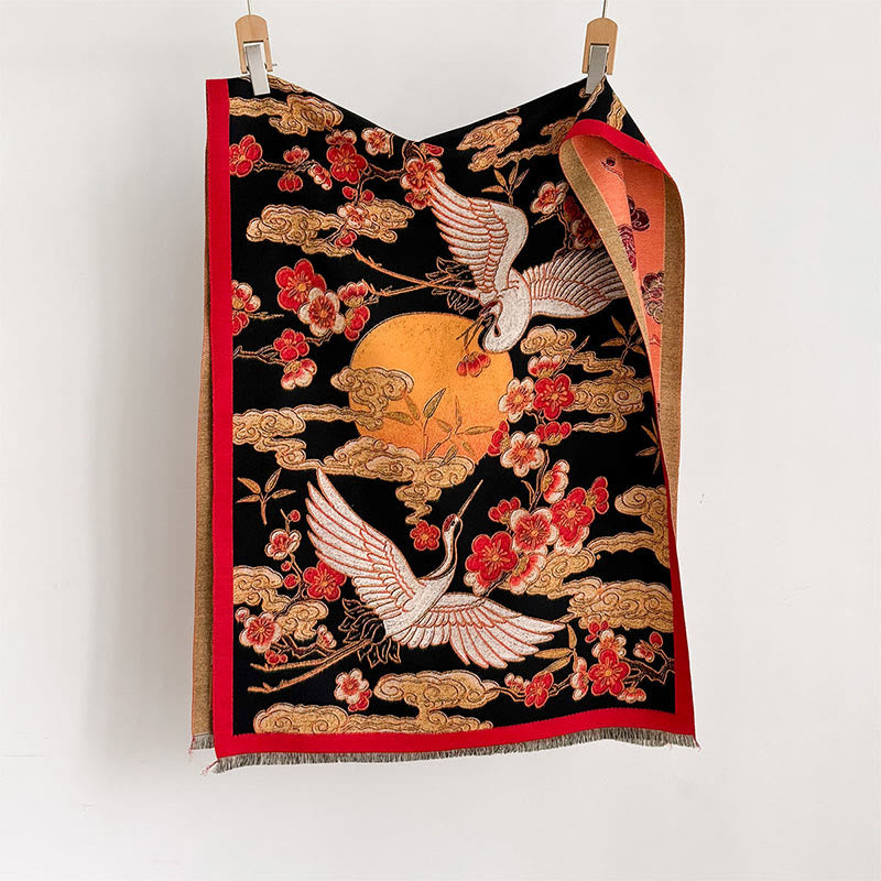 Winter Crane Plum Blossom Auspicious Clouds Pattern Tassels Cozy Scarf Shawl