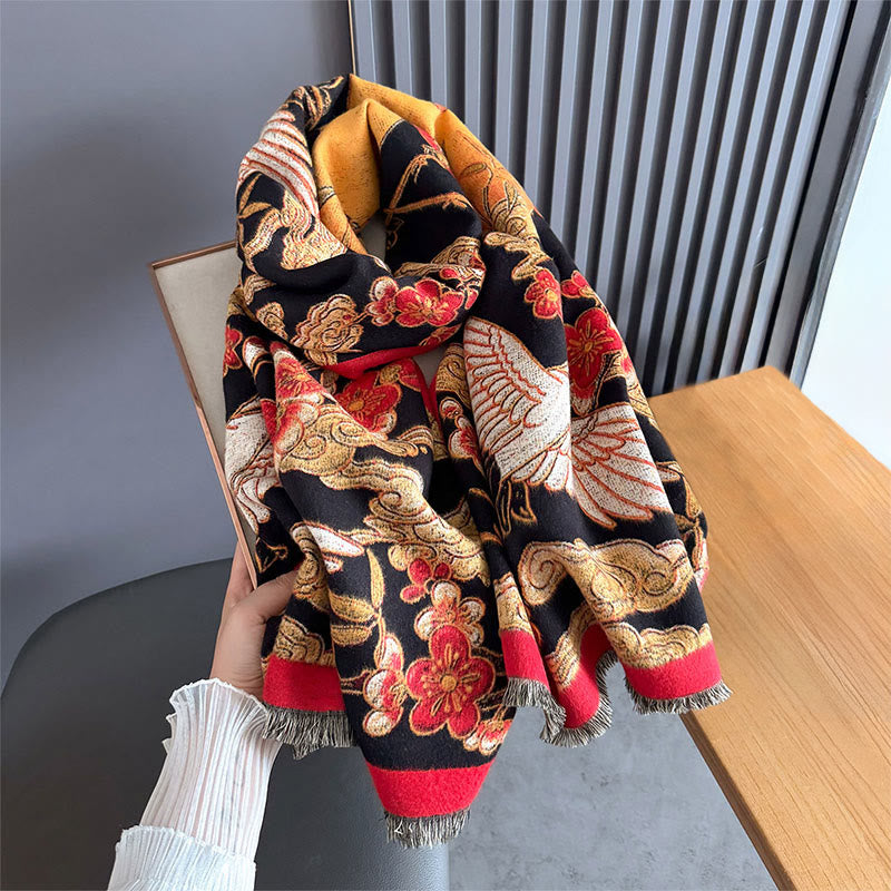 Winter Crane Plum Blossom Auspicious Clouds Pattern Tassels Cozy Scarf Shawl