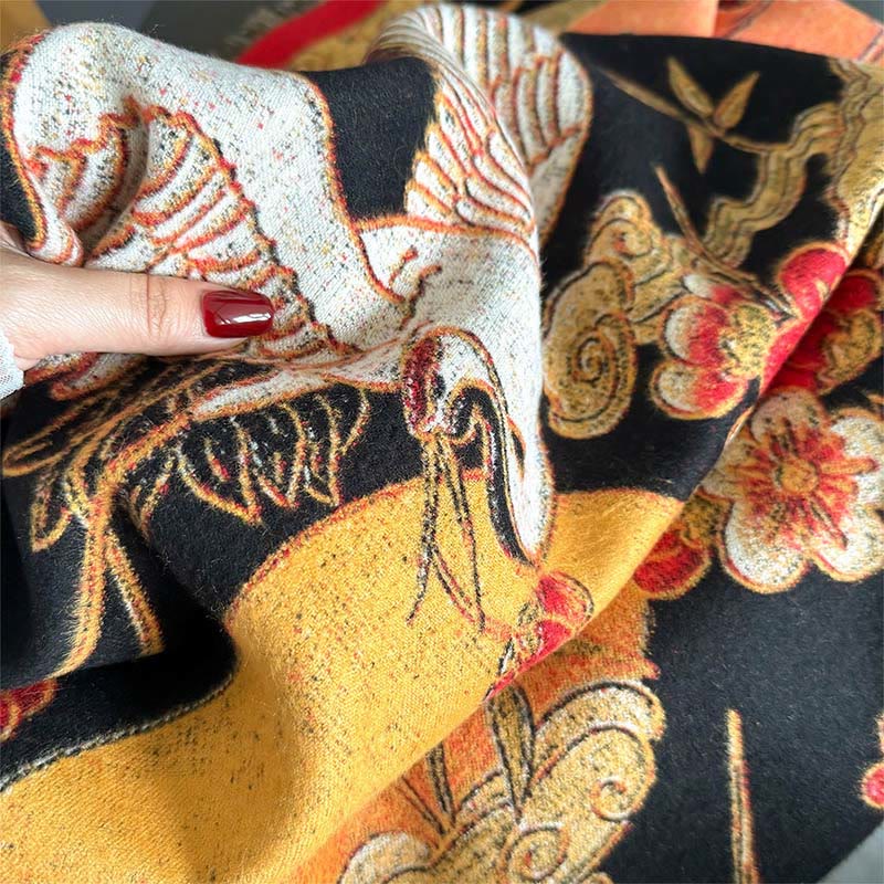 Winter Crane Plum Blossom Auspicious Clouds Pattern Tassels Cozy Scarf Shawl
