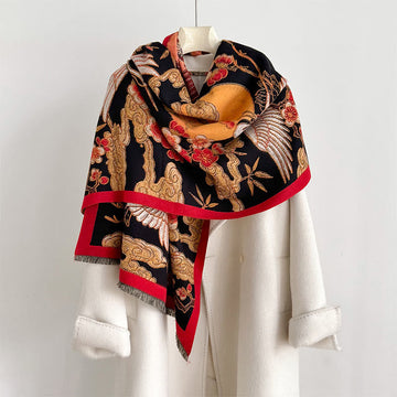 Winter Crane Plum Blossom Auspicious Clouds Pattern Tassels Cozy Scarf Shawl