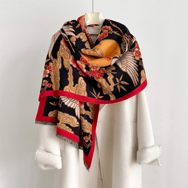 Winter Crane Plum Blossom Auspicious Clouds Pattern Tassels Cozy Scarf Shawl