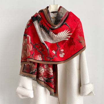 Soft Knit Crane Lotus Motif Meditation Tibetan Shawl