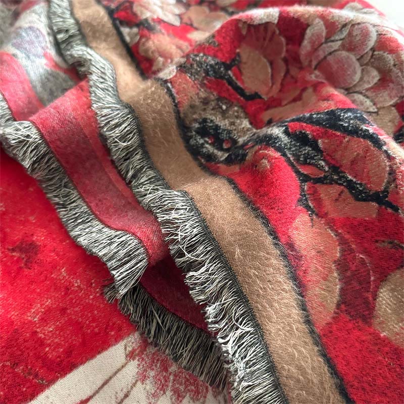 Soft Knit Crane Lotus Motif Meditation Tibetan Shawl