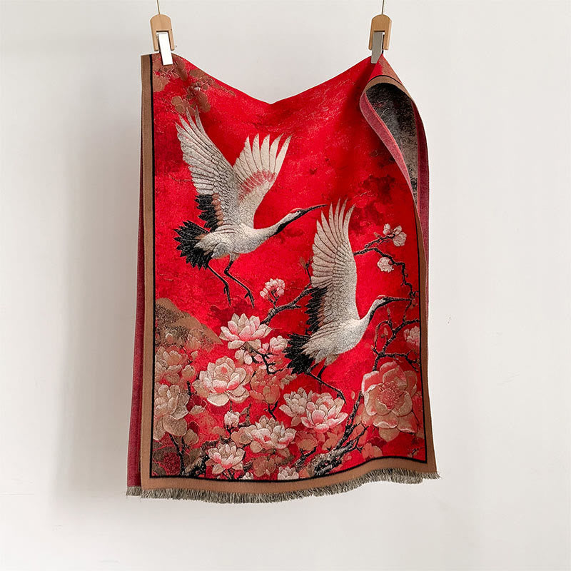 Soft Knit Crane Lotus Motif Meditation Tibetan Shawl