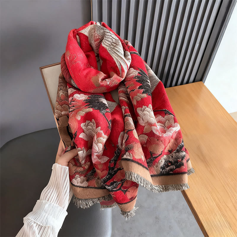Soft Knit Crane Lotus Motif Meditation Tibetan Shawl