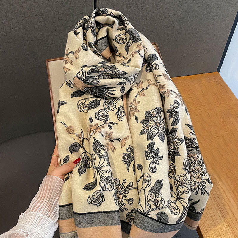 Tactile Knit Botanical Motif Meditation Wrap Tibetan Shawl